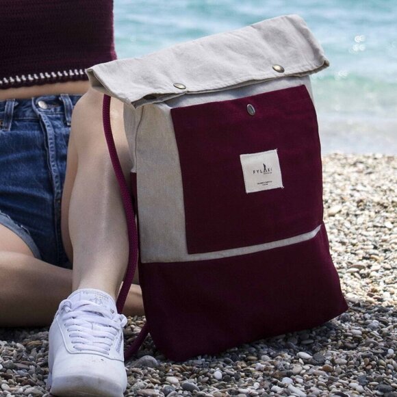 FLYAKI Bi-Color Backpack Handmade Canvas Dark Red and Cream High End Sustainable - Picture 1 of 8